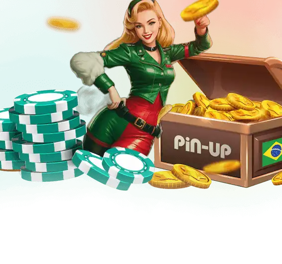 banner de uma garota aviadora estilo pinup perto de um baú de tesouro e fichas de cassino