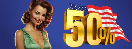 pin up garota em fundo azul com bandeira americana e 50 por cento