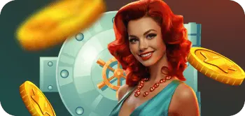 Menina sorridente em estilo pin-up no contexto de um cofre de abertura com dinheiro de ganhos em um cassino