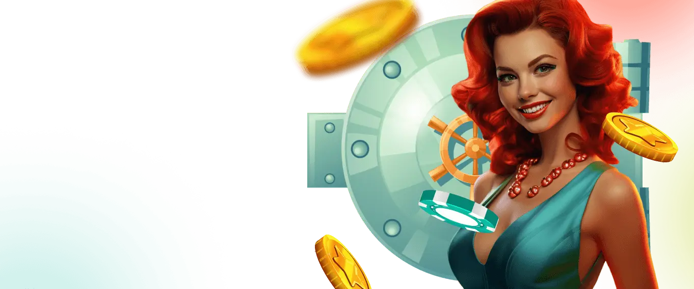 uma garota no estilo pin-up sorri contra o fundo de um cofre com dinheiro de ganhos em um cassino e fichas