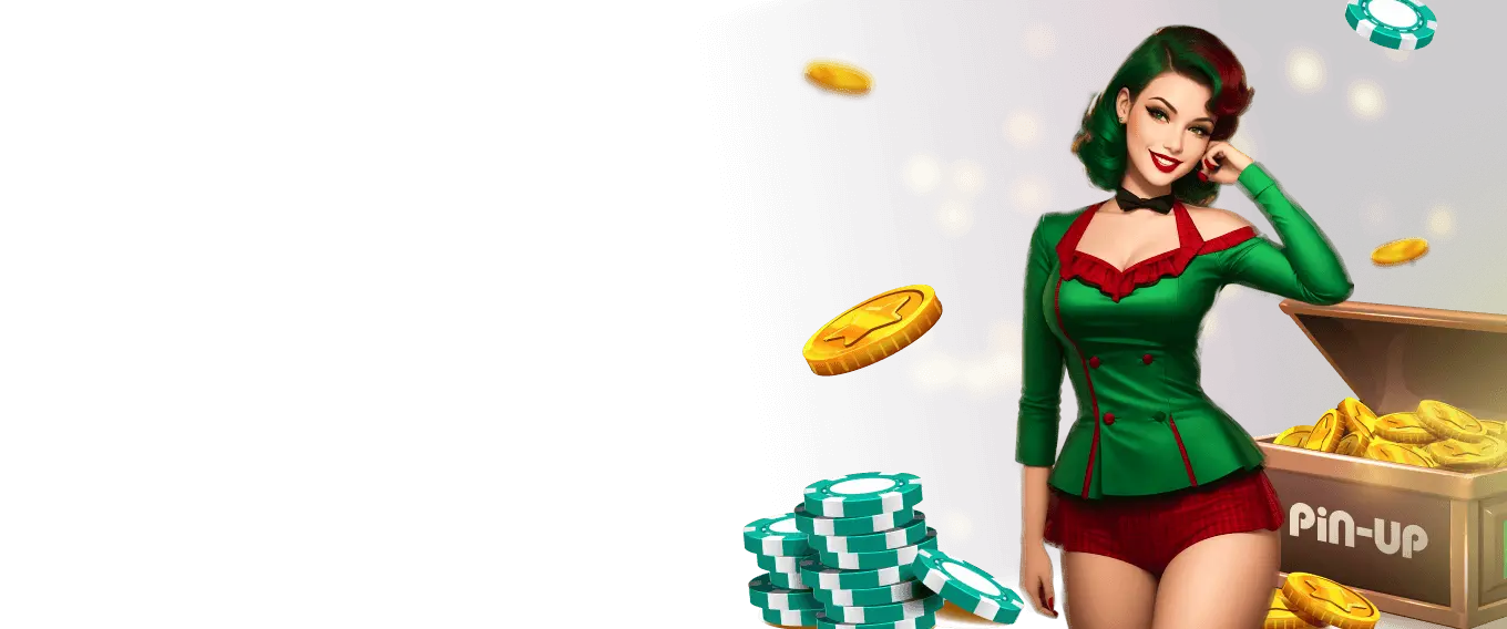 uma garota pin-up fica perto de um baú de tesouro e fichas de cassino voam no ar